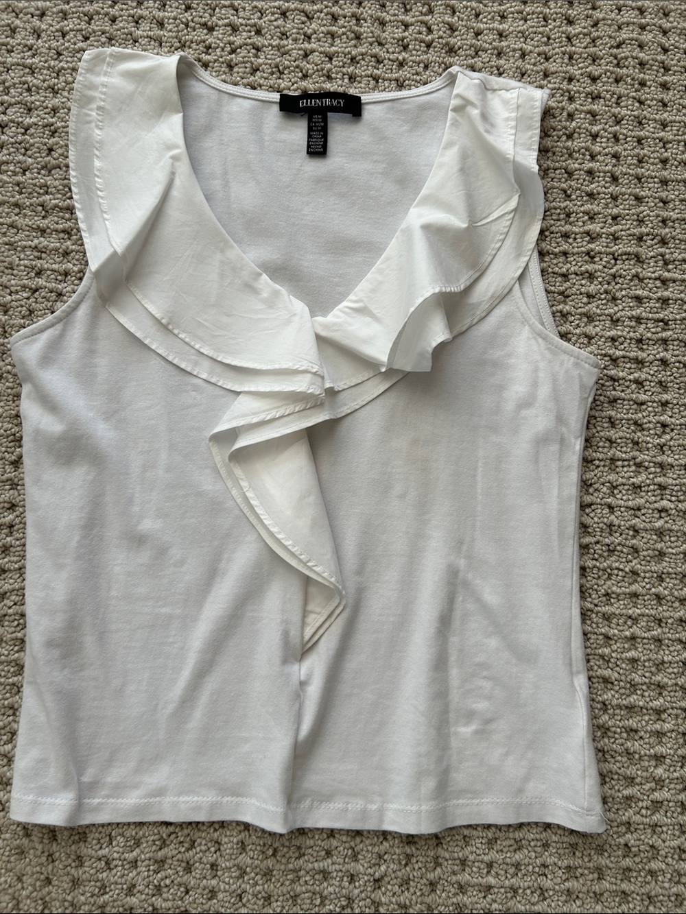 Ellen Tracy White Ruffle V-Neck Sleeveless Tank